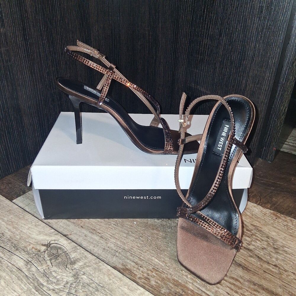 Nine West Vallanh Square Toe Strappy Stiletto Sandals Size 7 Brown Rhinestone